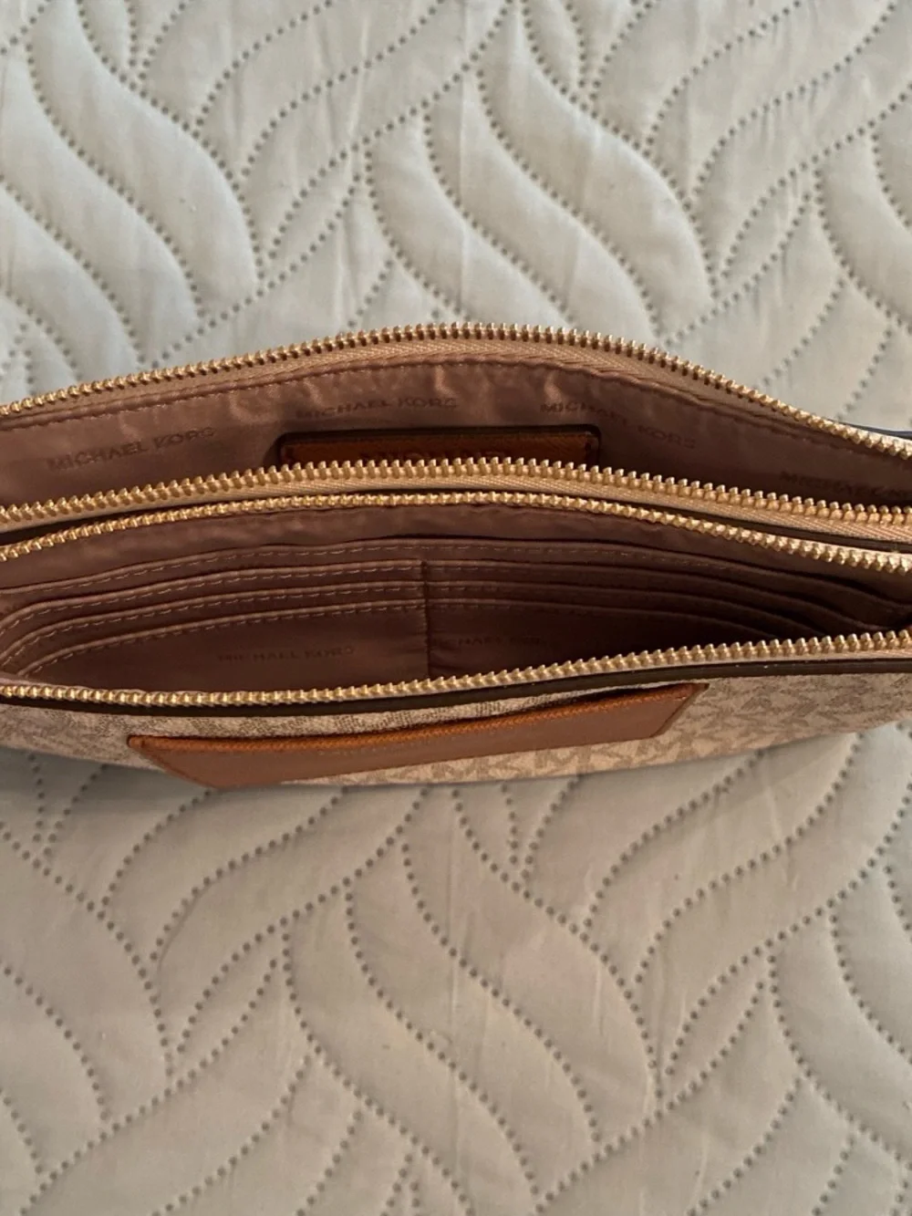 Michael Kors Beige Monogram Wristlet with Brown Leather Trim